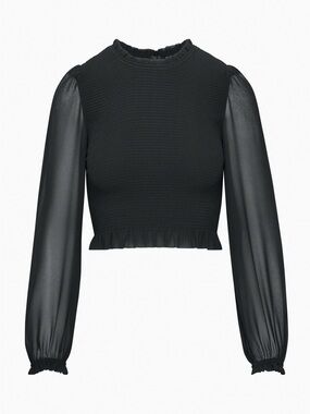 Smocked Black Ruffle-Hem Long Sleeve Blouse - Women